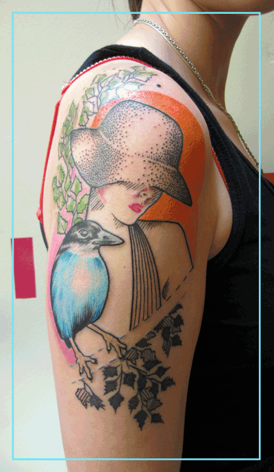 jessica mach tattoo lady with hat and blue bird