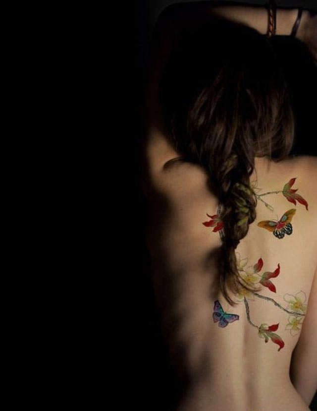 nature tattoo leaves and butterflies on back