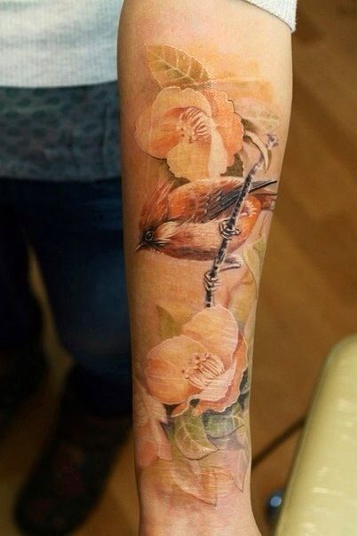 nature tattoo pastel flowers and bird piece