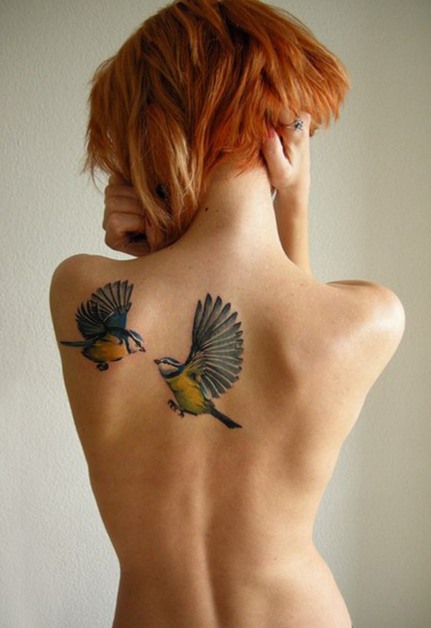 nature tattoo red haired girl with birds  on back