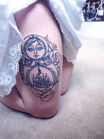 russian doll tattoo line work blue matryoshka