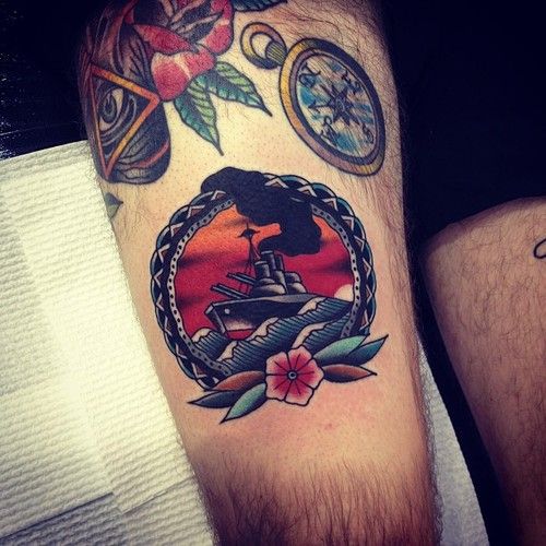 Awesome ship tattoo by Kirk Jones