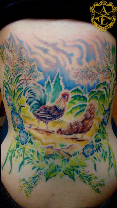 Chicken farm tattoo by Sean Ambrose