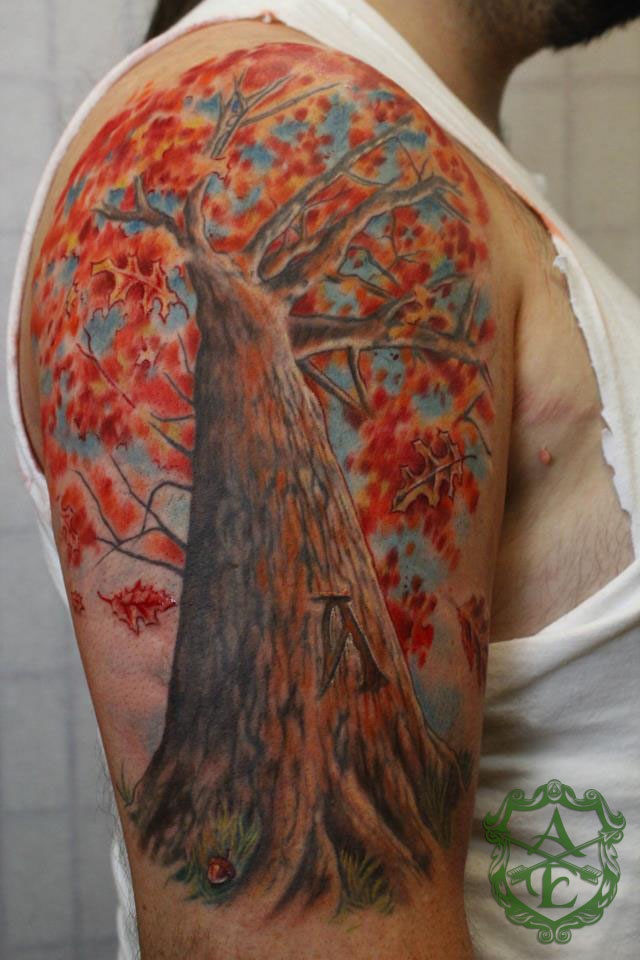 Colorful tree tattoo by Sean Ambrose