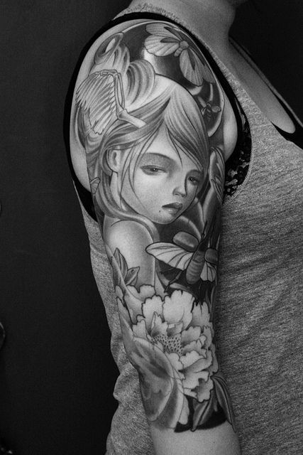 Girl and bee tattoo by James Spencer Briggs