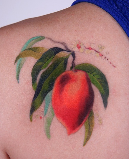 Peach on branch tattoo by Amanda Wachob