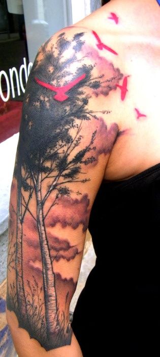 Pink birds and trees tattoo