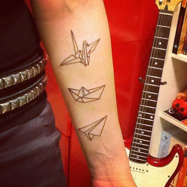 Plane ship and bird origami tattoo