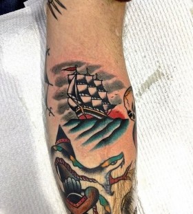 Snake and ship tattoo by Kirk Jones