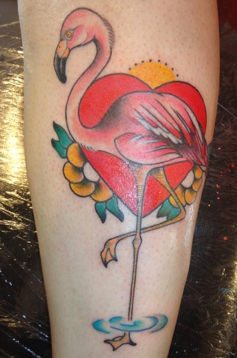 Sun heart and flamingo tattoo