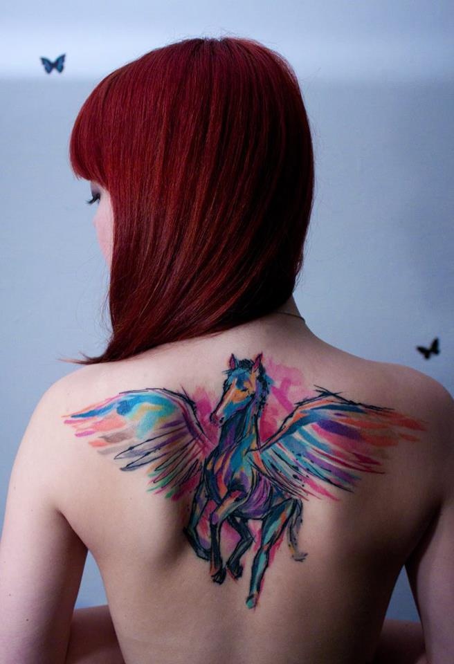 Watercolor Pegasus woman tattoo