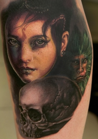 Woman and skull tattoo by Andy Engel