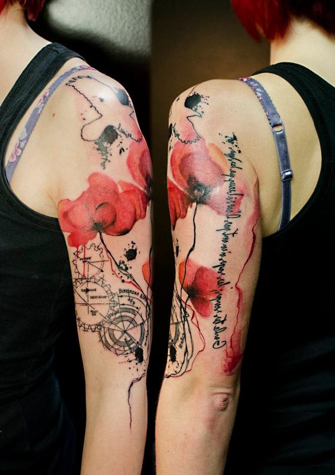 arm tattoo with red flower by klaim