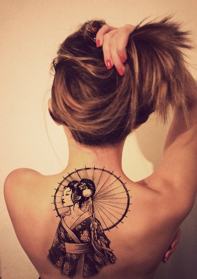 back tattoo design for women geisha with umbrella