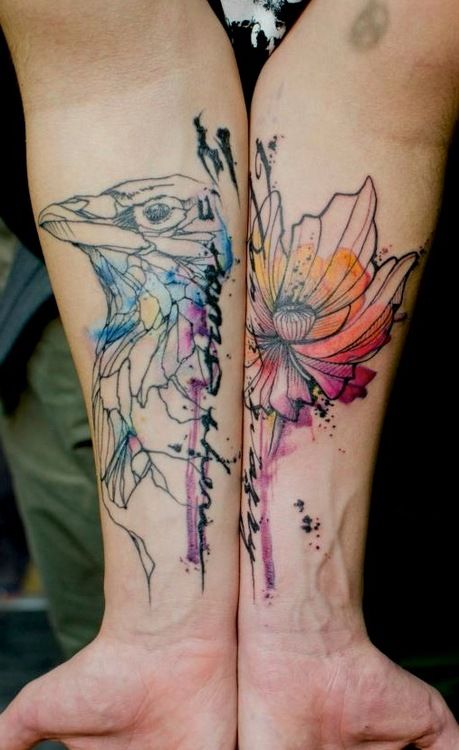 bird and flower tattoo on inside arms by klaim