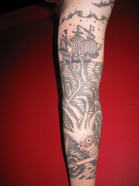 duke riley tattoo squid attacking ship