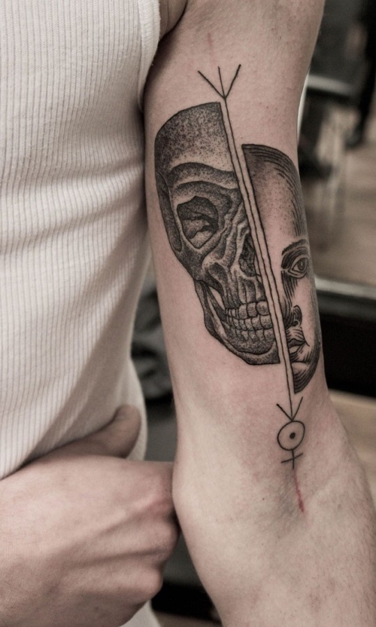 half face and half skull tattoo by M-X-M