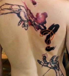 hands and question mark tattoo on back by klaim