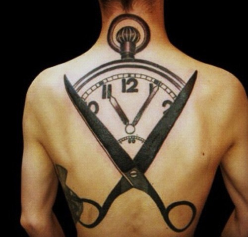 illusion of time tattoo blackwork on back by M-X-M