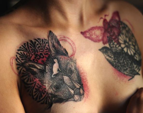 marta lipinski cat and bird chest tattoo