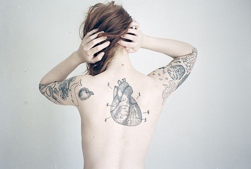 modern tattoo anatomic heart and upper arms sleeves