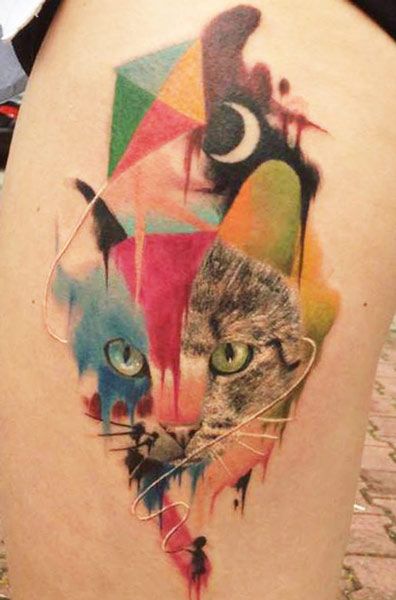 modern tattoo watercolor cat head