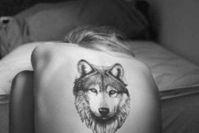 modern tattoo wolf head on back