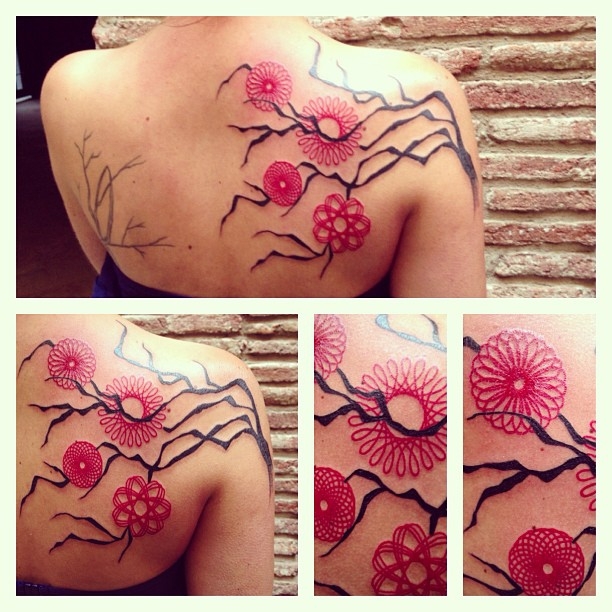 seb inkme tree with pink flowers tattoo on back