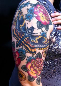 virginia elwood tattoo arm sleeve with roses and butterfly