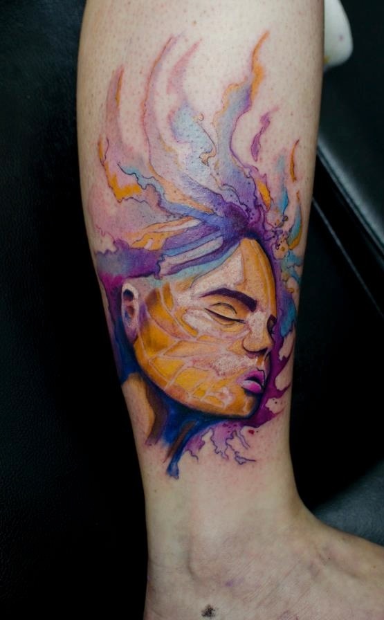 watercolor girl face tattoo by klaim