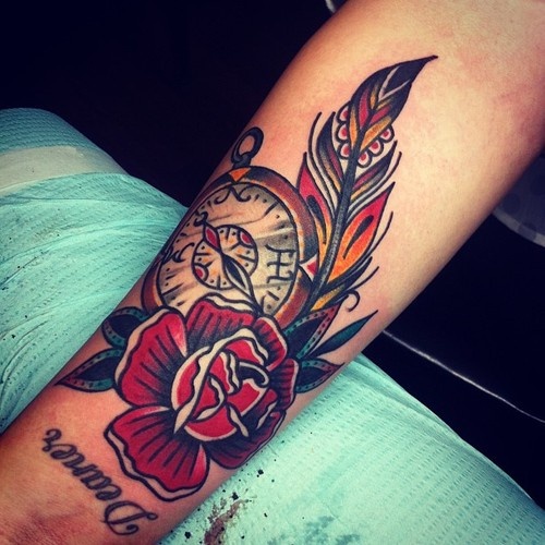 Clock and rose tattoo by Josh Stephens