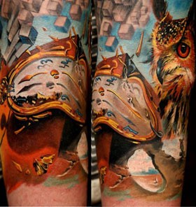 Amaizing man and owl photorealistic tattoo