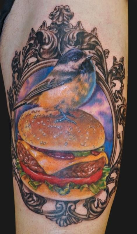 Hamburger and bird food tattoo