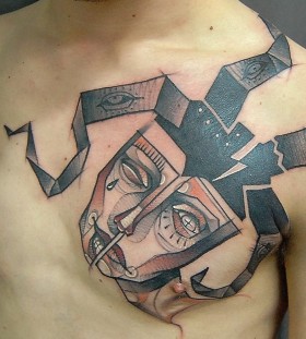 Mask on chest tattoo by Jukan
