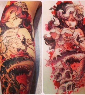 Woman and skulls tattoo by Jee Sayalero