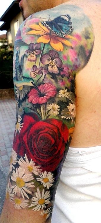 Colorful flowers plant tattoo