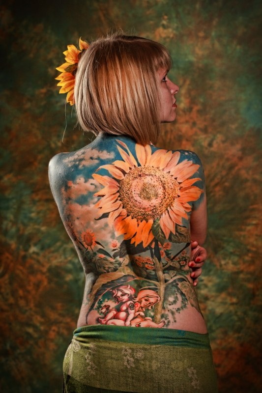 Full back sunflower tattoo