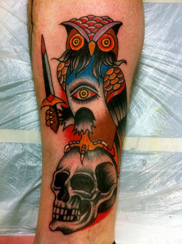 Owl and skull tattoo by Robert Ryan