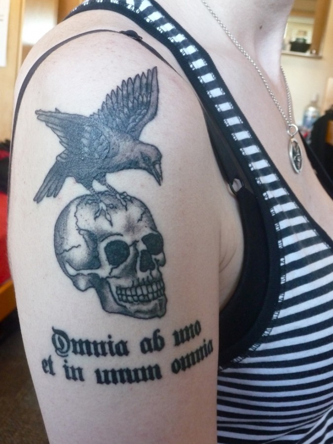 Skull and eagle tattoo by Lisa Orth