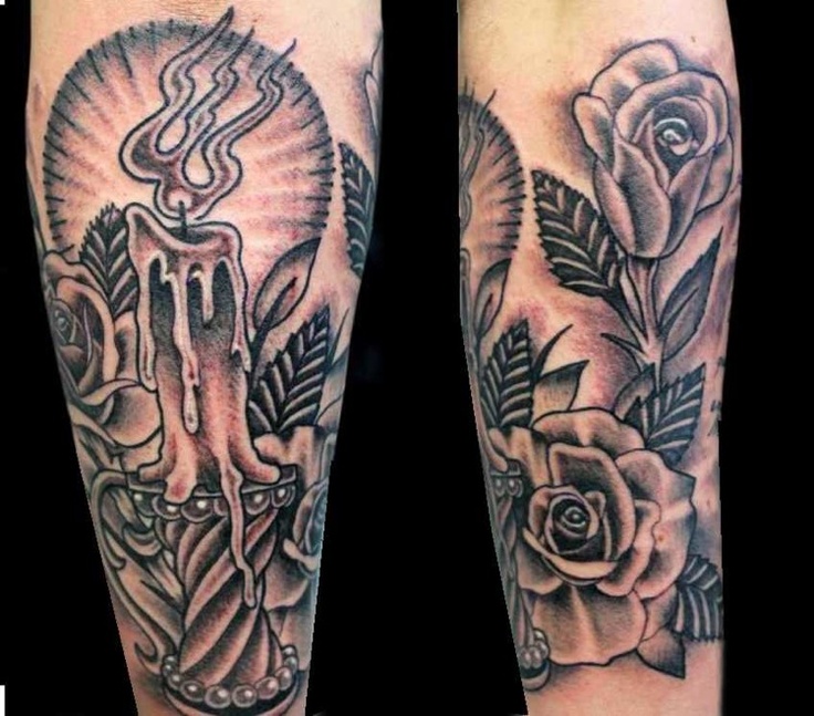 grey candle and roses