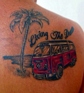 red bus and palm