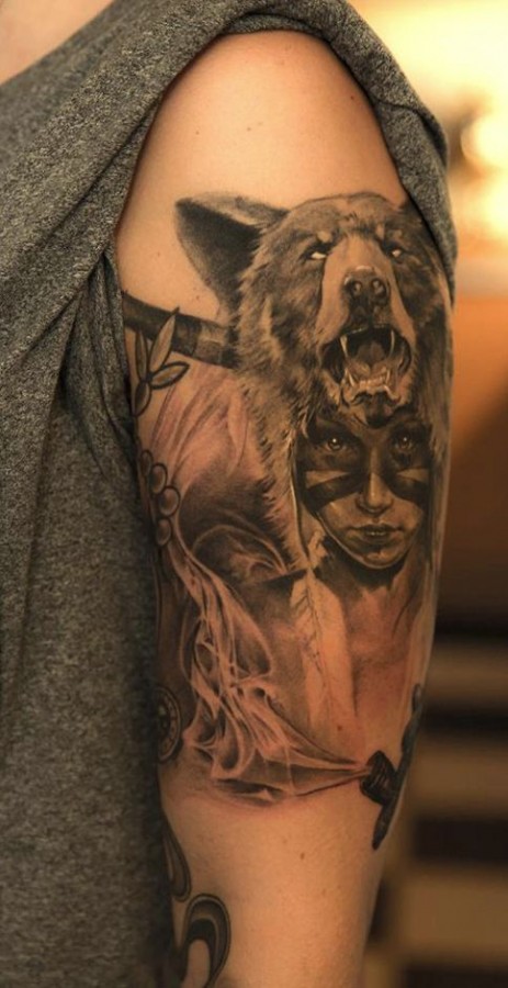 Amazing wolf and girl tattoo