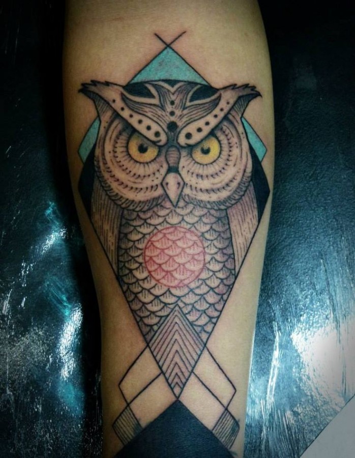 Angry owl tattoo by Tyago Silva