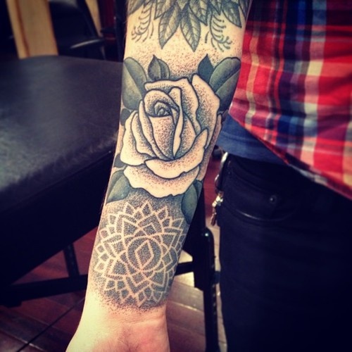 Black and white rose lotus flower tattoo