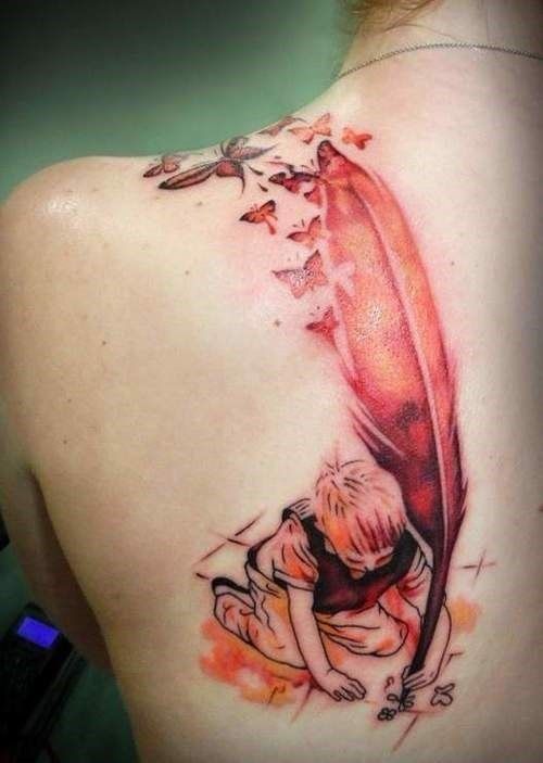 Boy and feather red tattoo