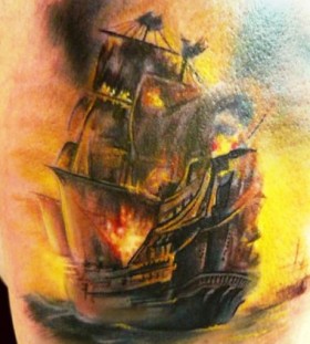 Burning ship tattoo by Adam Kremer