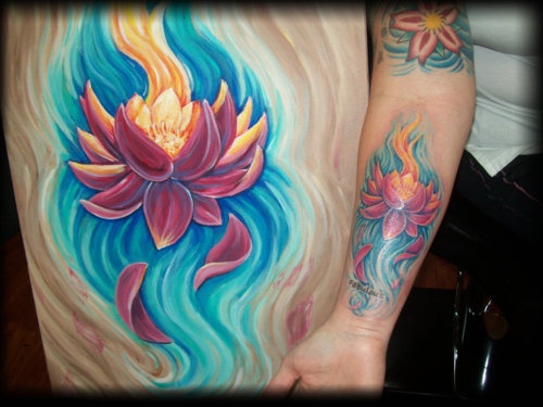 Colorful blue and yellow lotus flower tattoo