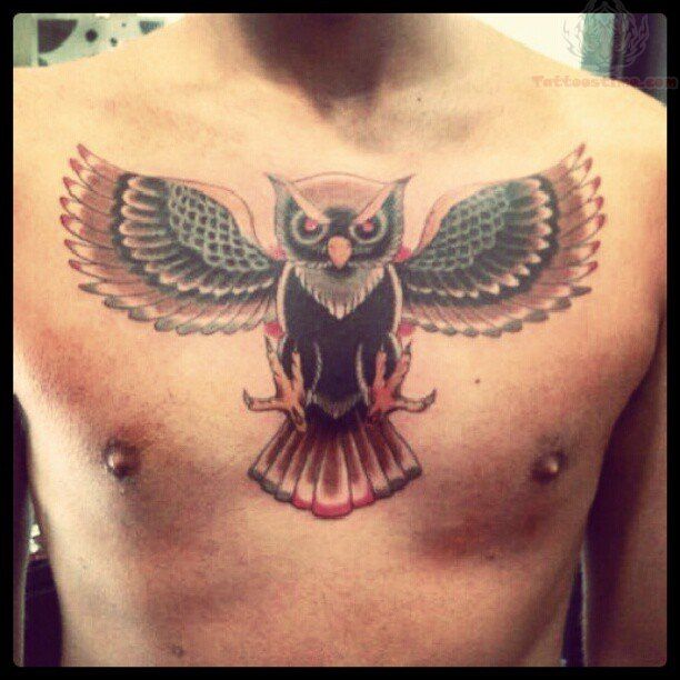 Colorful chest owl tattoo