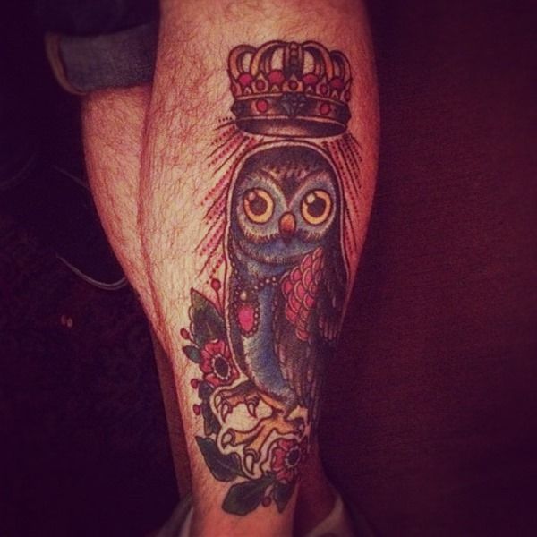 Crown and blue owl tattoo