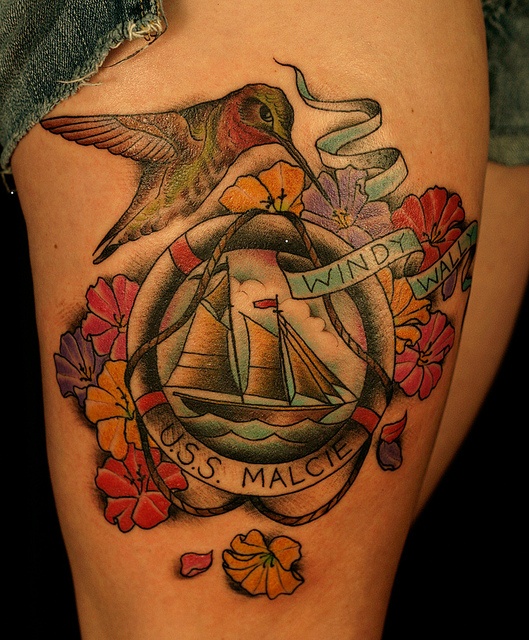 Flowers, birds and ship tattoo